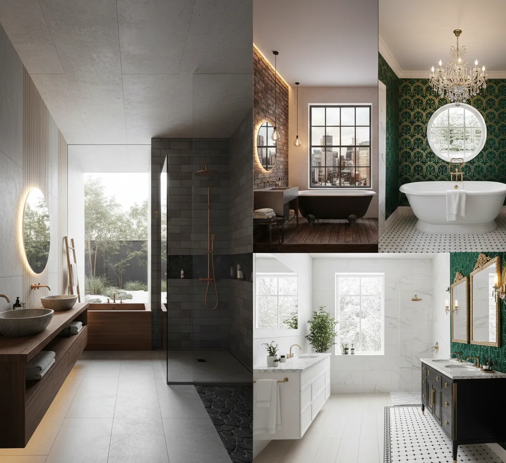 A collage of four high-end bathroom interiors including Industrial Loft, Art Deco Emerald, Zen Minimalist, and Classic Marble styles.