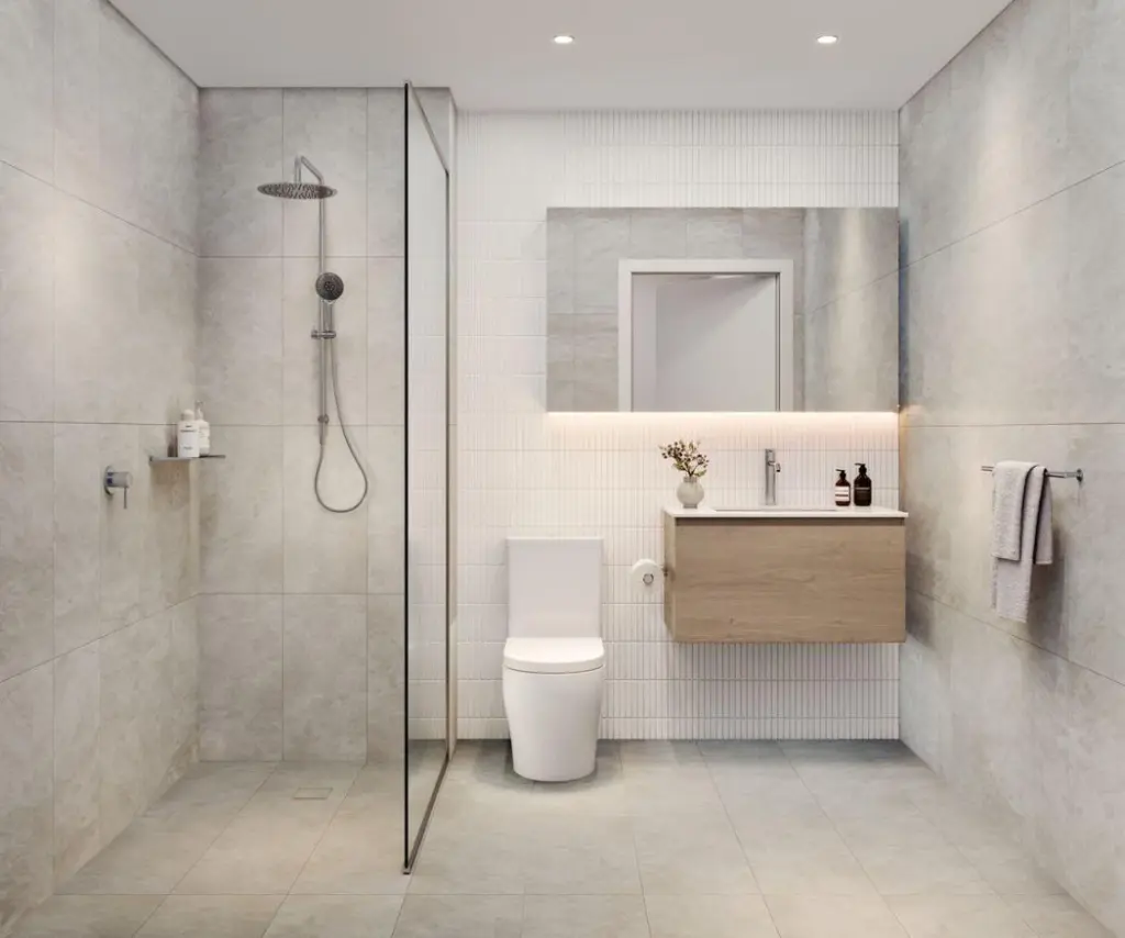 A premium Australian residential bathroom designed to meet National Construction Code (NCC) standards.