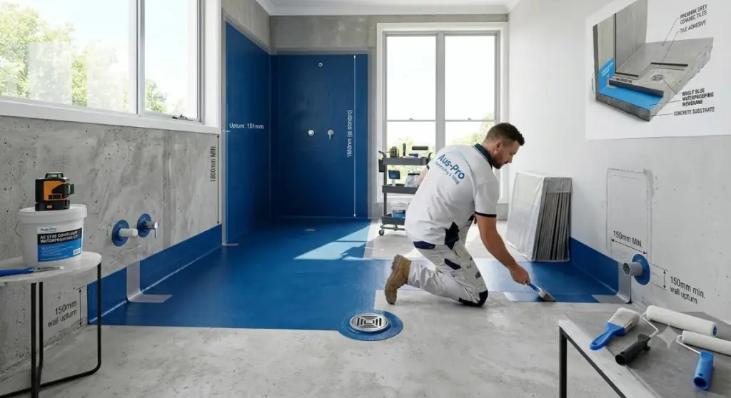 A professional Australian bathroom waterproofing installer applying a blue waterproof membrane to the floor and lower walls of a modern residential bathroom before tiling.