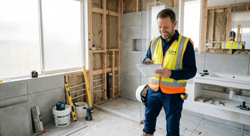A professional, friendly construction contractor in a clean high-vis vest and neat uniform, standing in a partially renovated modern bathroom holding a clipboard and inspecting the work.