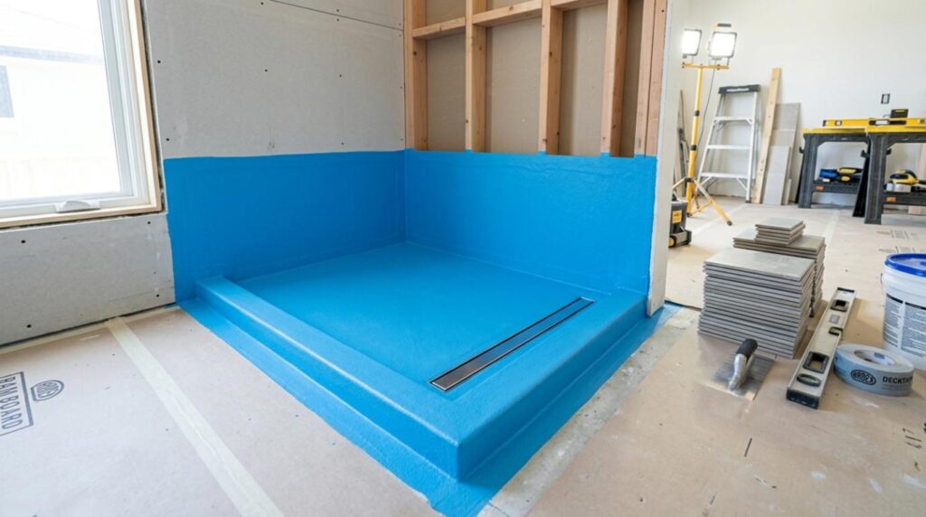 A close-up, high-quality architectural photo of a residential bathroom renovation in progress.
